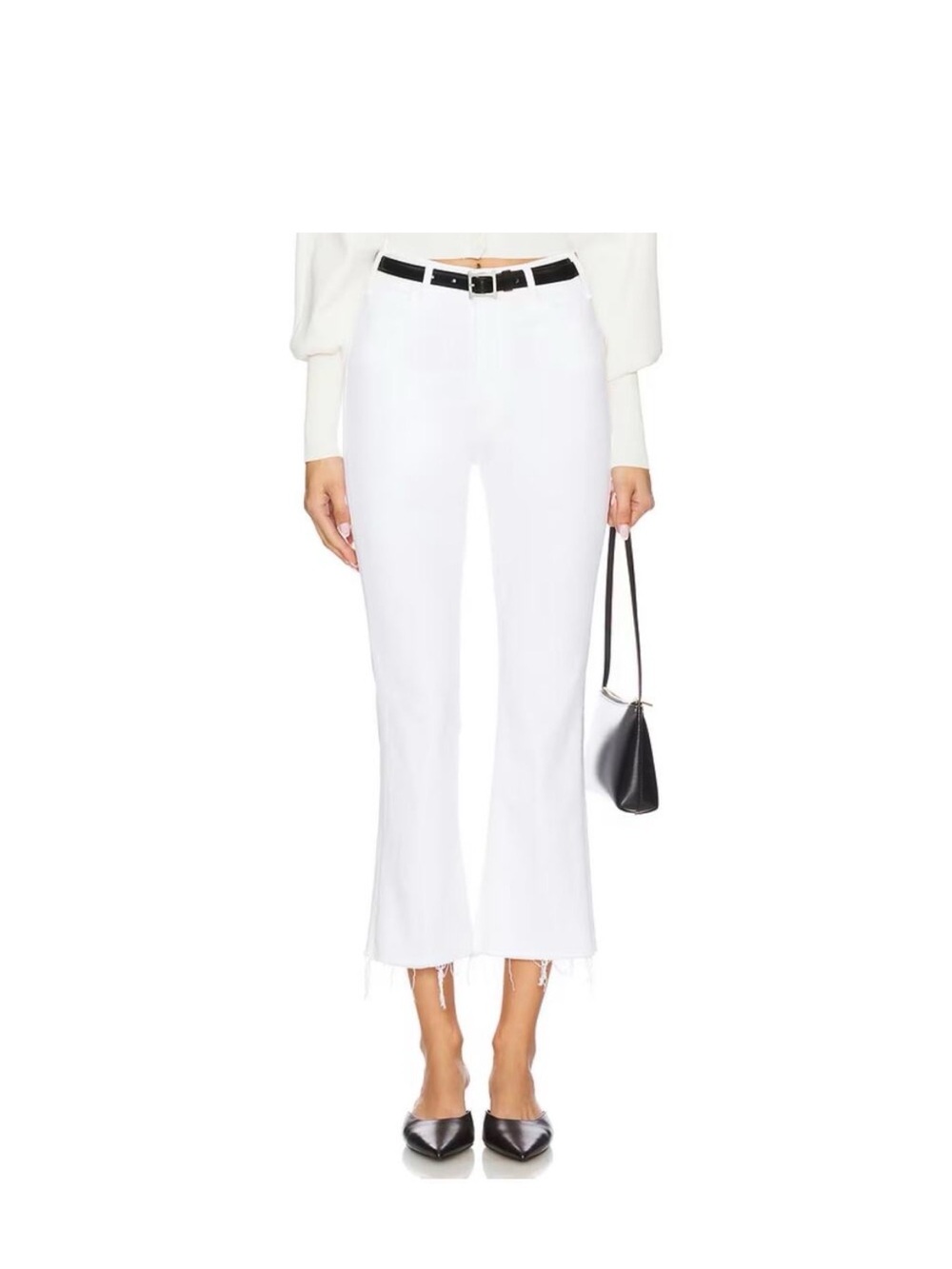 MOTHER White Cropped Flare Jeans with Raw Hem